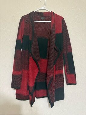 Lucky Brand Red and Black Geometric Open Cardigan